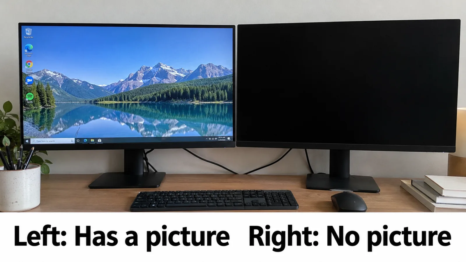 One monitor shows a desktop and the other monitor is black