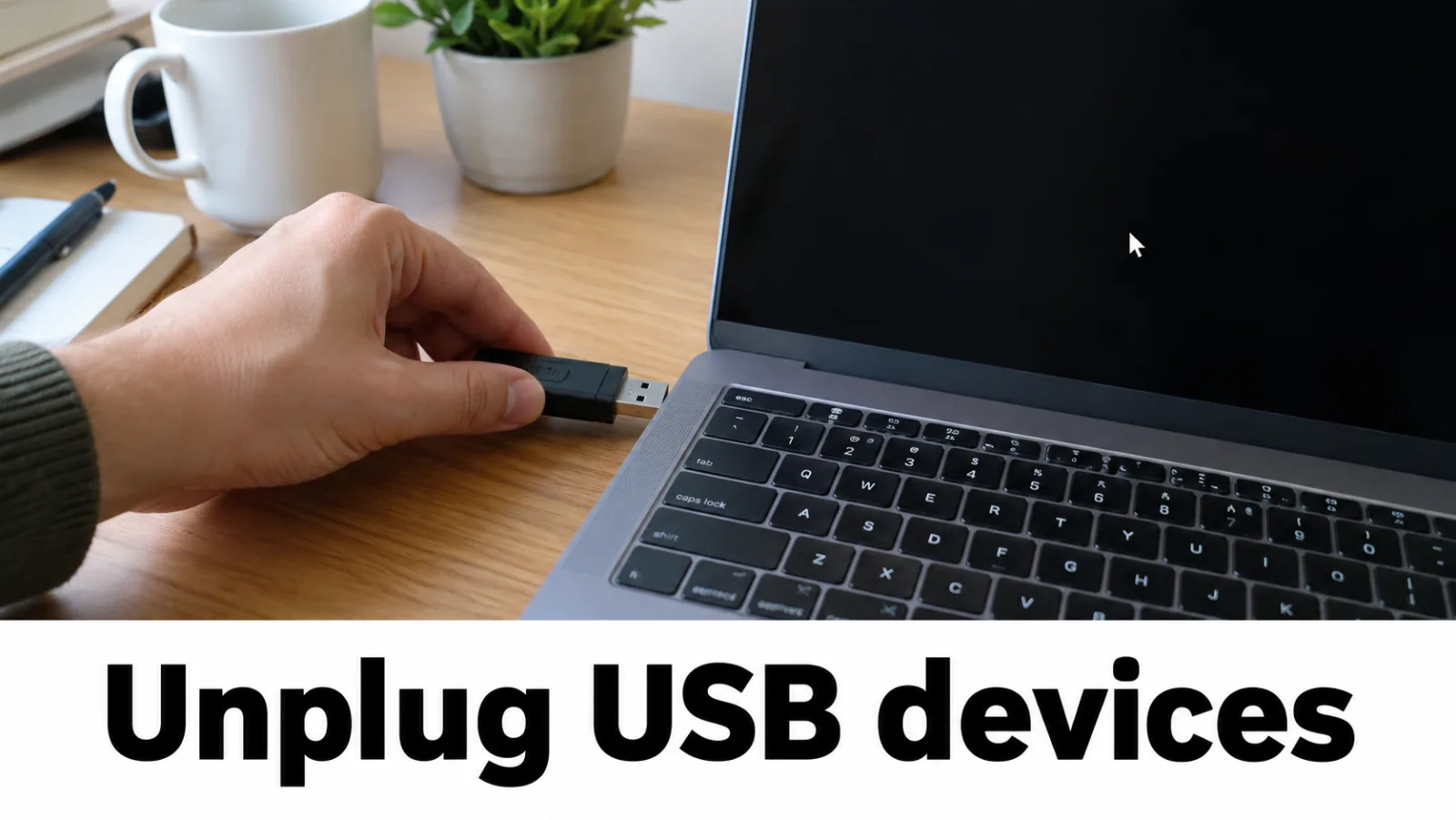 Laptop black screen with mouse cursor; hands unplugging USB peripherals