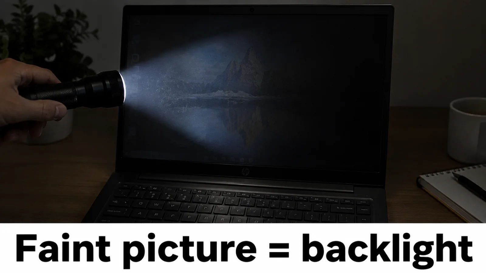 Flashlight angled across a dark laptop LCD revealing a faint image