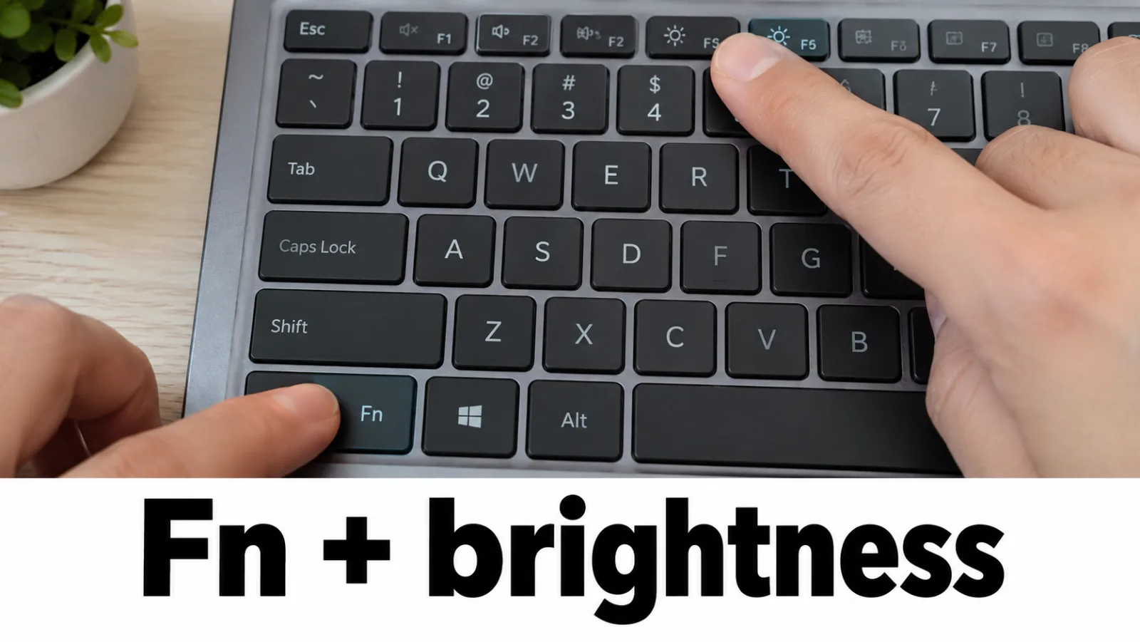 Laptop keyboard Fn key and brightness up key highlighted