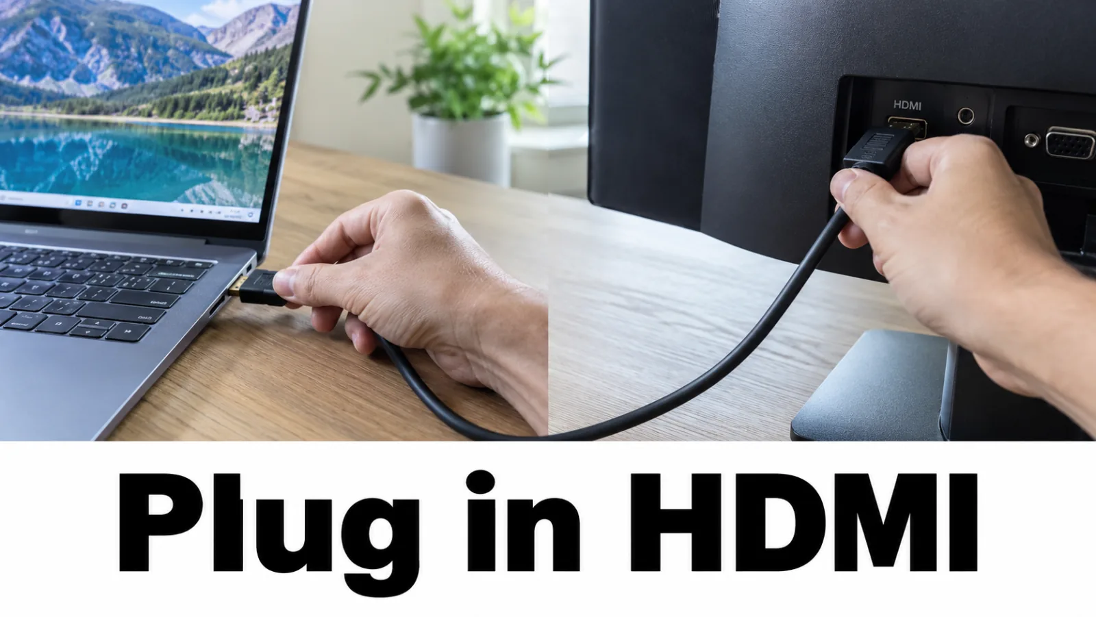 HDMI cable plugged directly from a laptop into a monitor