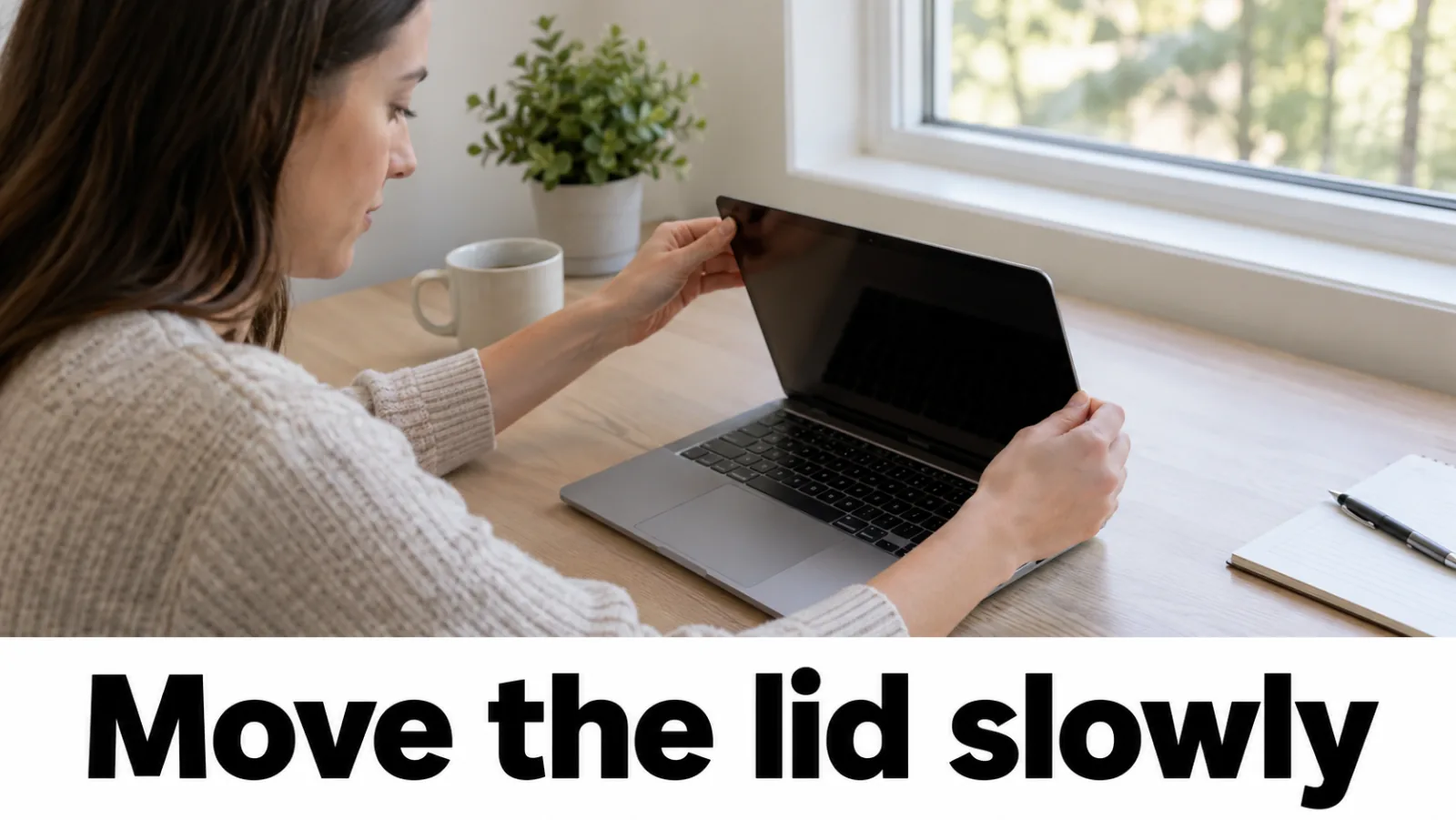 Hands slowly changing laptop lid angle while watching the panel