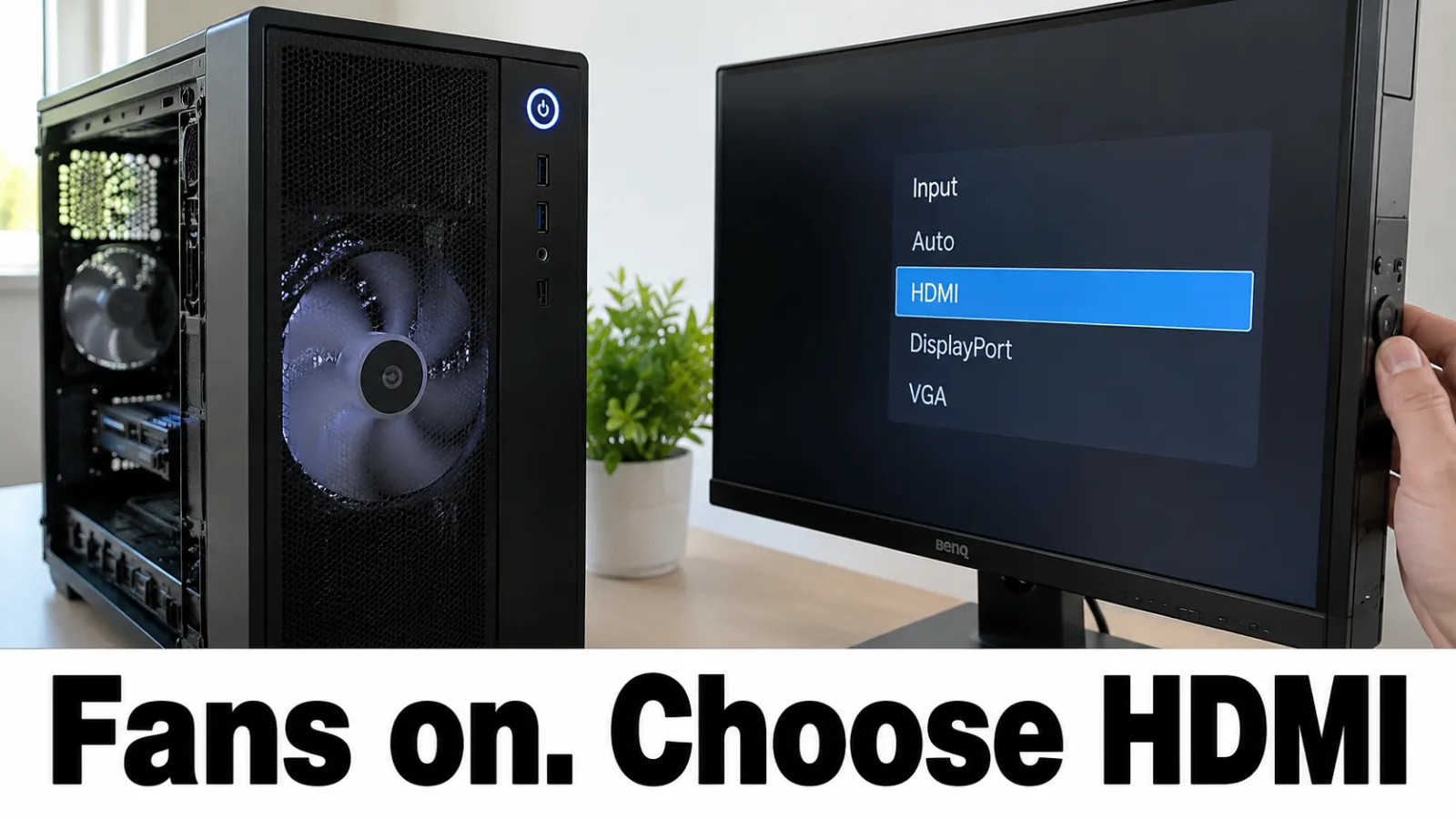 Desktop case with spinning fans and monitor input selected on the OSD