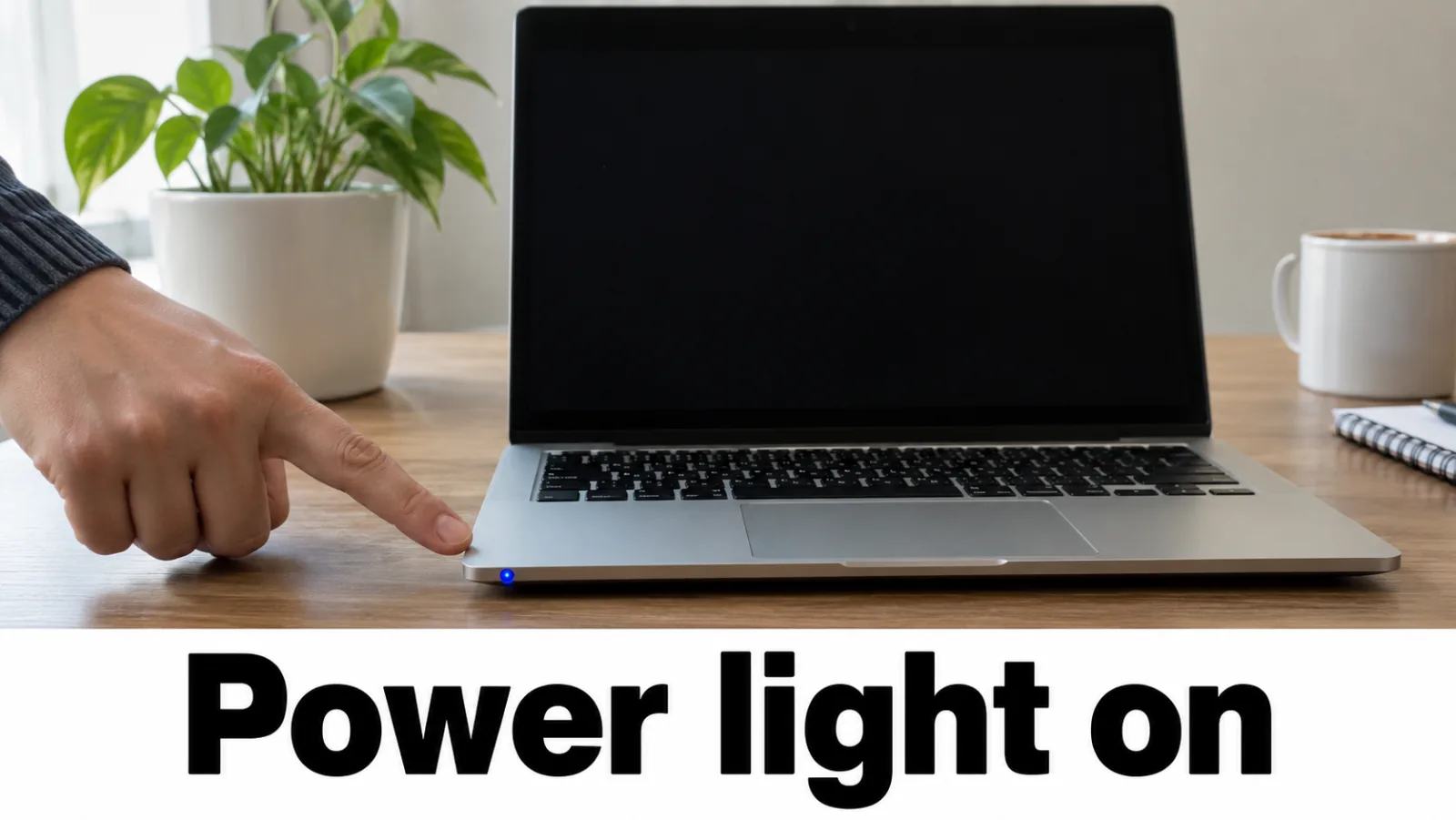 Laptop screen is black and the power light on the front edge is on