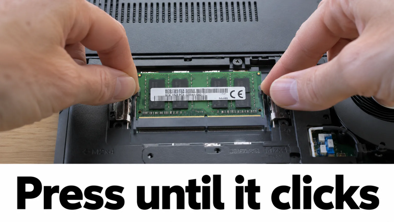 SODIMM being pressed into a laptop memory slot until clips lock