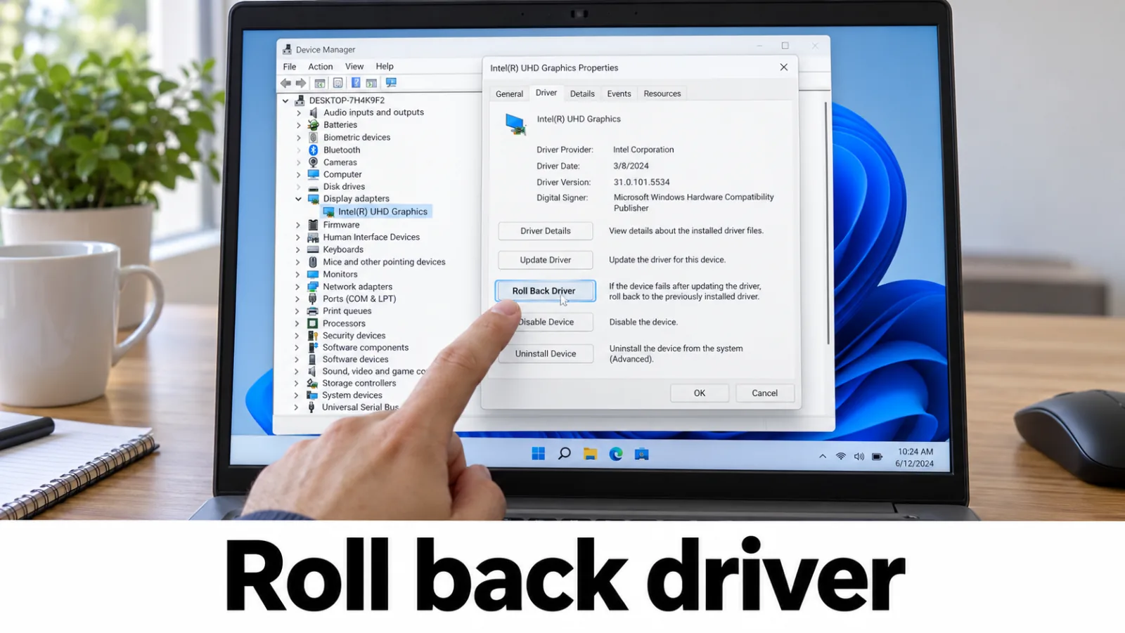 Device Manager display adapter Roll Back Driver button