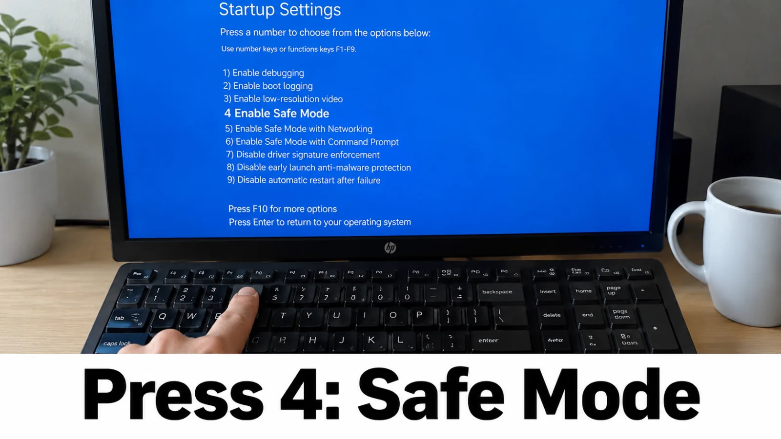 Windows recovery-style blue menu navigated with keyboard (Safe Mode path)