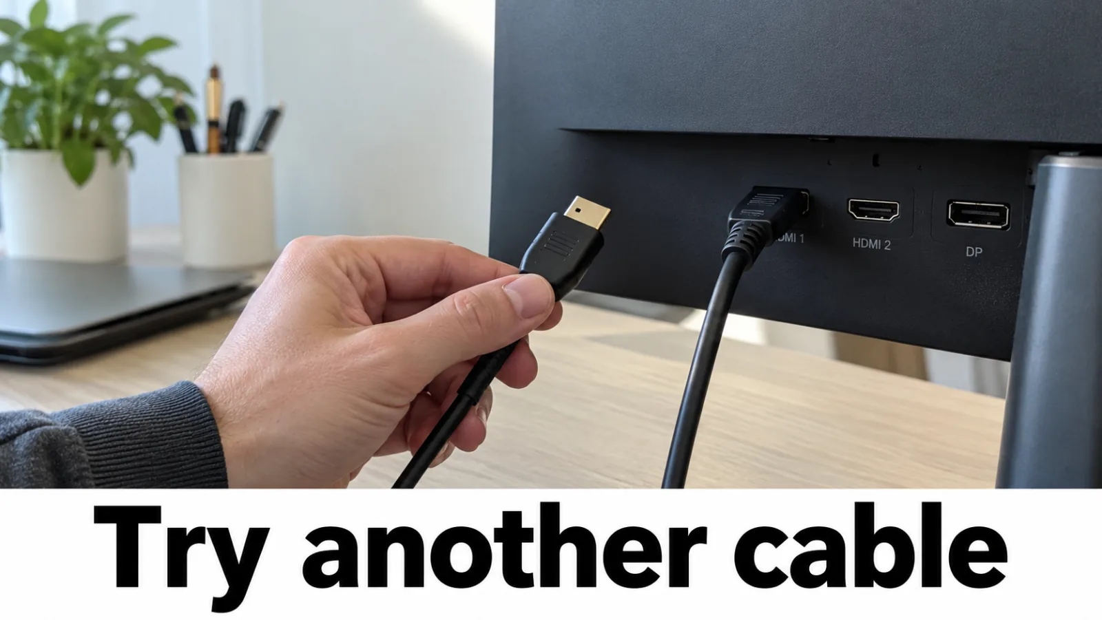 Swapping HDMI and DisplayPort cables between a laptop, PC, and monitor to isolate no-signal