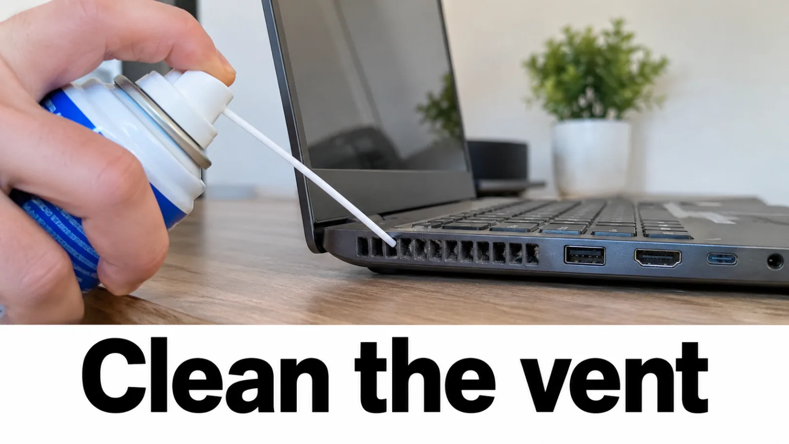 Laptop vents with airflow arrows next to external monitor test branch