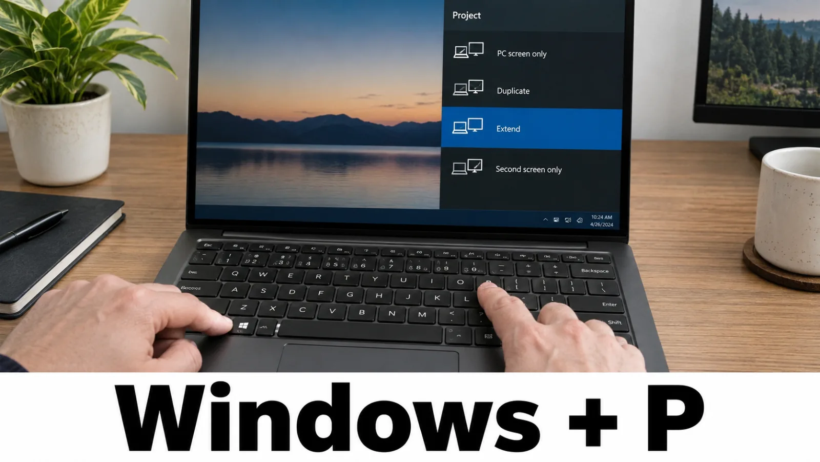 Fingers press the Windows key and P, and the screen lists PC screen only, Duplicate, Extend, and Second screen only